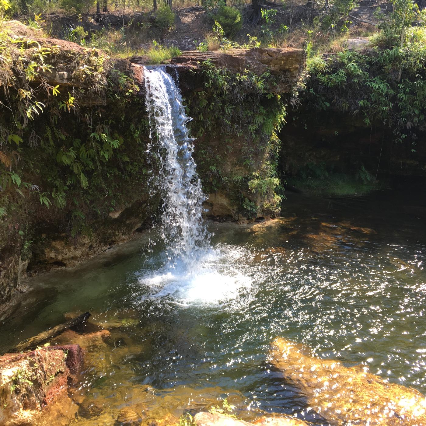 A small waterfall running into a clear pool