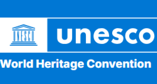 Blue and white banner saying unesco and world heritage convention